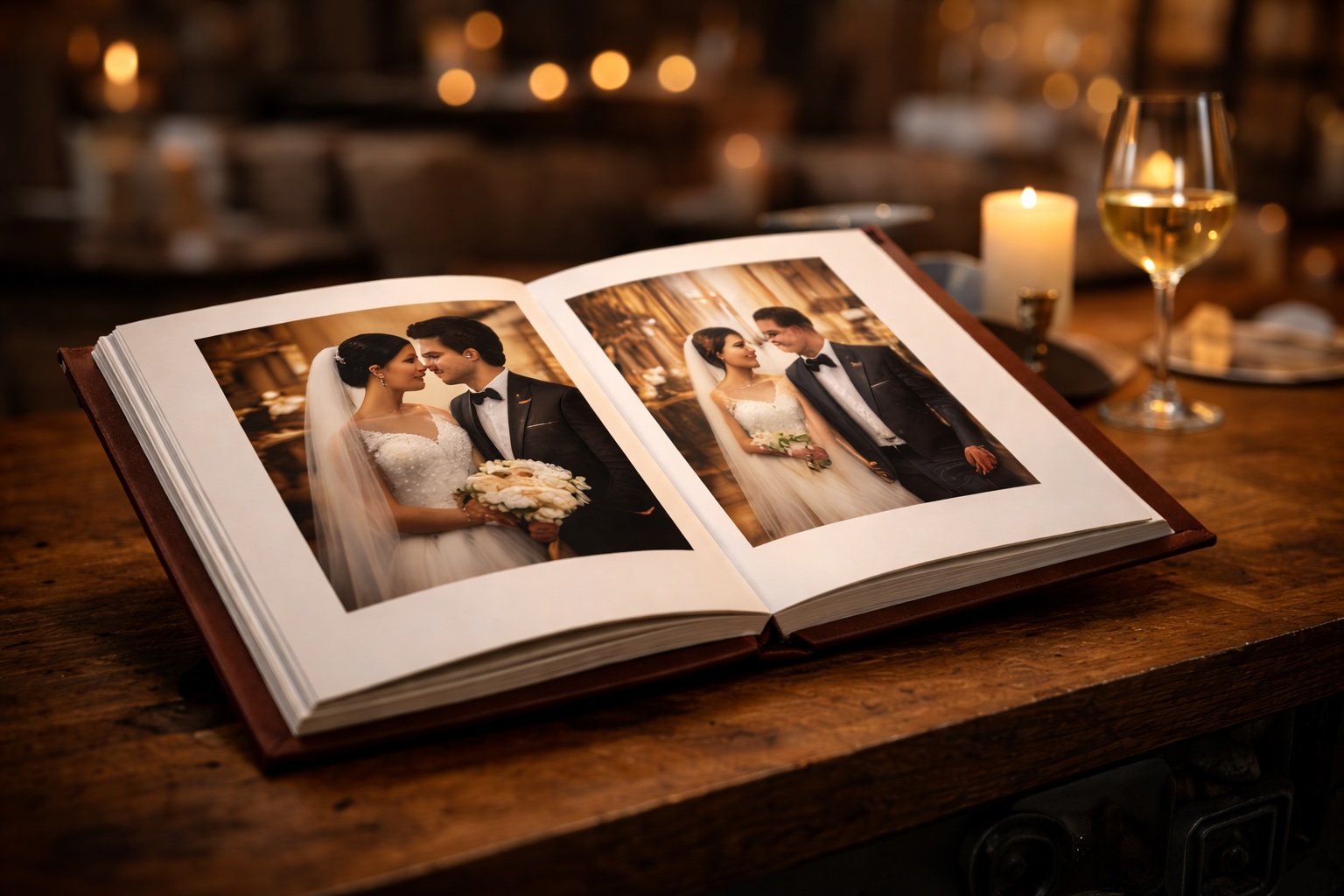 Printed wedding album displayed in a refined setting